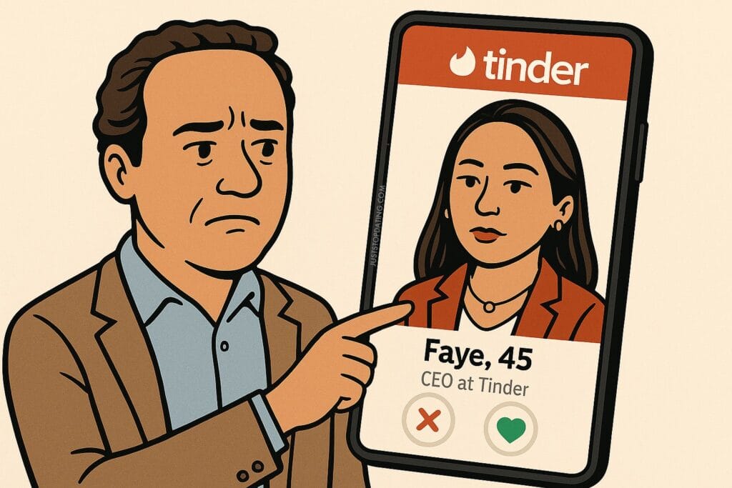 Cartoon-style illustration of Spencer Rascoff swiping left on Faye Iosotaluno’s Tinder profile, which labels her as “Faye, 45 – CEO at Tinder,” with the Tinder logo visible above her photo.I