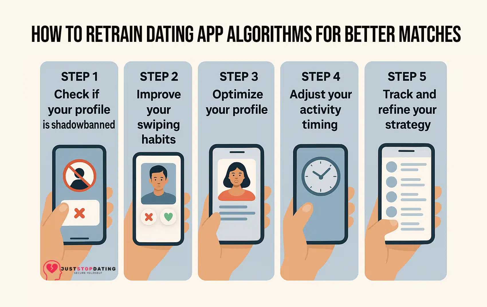 Image depiction of Simple Guide to Improving Dating App Algorithms for Better Matches Figure 1: step-by-step guide to retrain dating app algorithms. This minimalist infographic presents a sequential strategy for optimizing dating app performance. The design features five numbered steps in teal boxes against a white background: first, test if your profile is shadowbanned. Second, adopt selective swiping habits. Third, enhance your profile content. Fourth, engage during peak activity hours. Fifth, systematically track your results. The graphic concludes with a humorous counterpoint - a red crossed-out heart icon and the phrase just stop dating suggesting app disengagement as an alternative solution. Color-coding distinguishes the serious advice (teal) from the satirical conclusion (red).