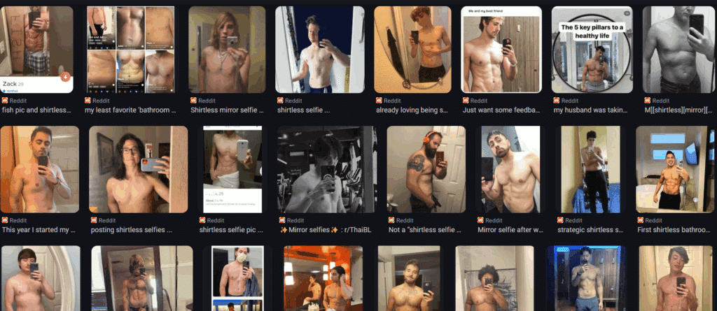 Collage of shirtless mirror selfies taken by men in bathrooms and gyms, reflecting a common trend on dating forums