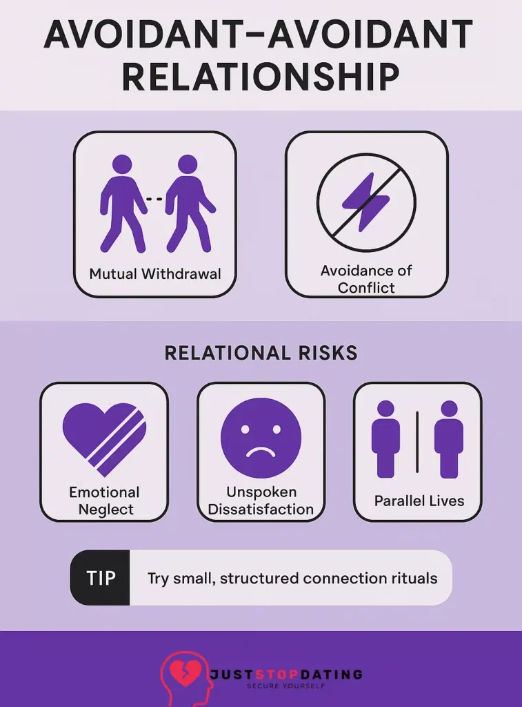 Figure 2. Avoidant&ndash;avoidant relationship: emotional shutdown cycle and risks. This infographic visualizes the emotional dynamics of avoidant&ndash;avoidant relationships. It highlights two core behaviors&mdash;mutual withdrawal and conflict avoidance&mdash;as part of the emotional shutdown cycle. Below, it presents three major relational risks: emotional neglect, unspoken dissatisfaction, and parallel lives. A closing tip encourages couples in this dynamic to try small, structured connection rituals as a step toward emotional reconnection. Designed with clear icons and minimal text, the graphic is optimized for psychoeducational and therapeutic use.