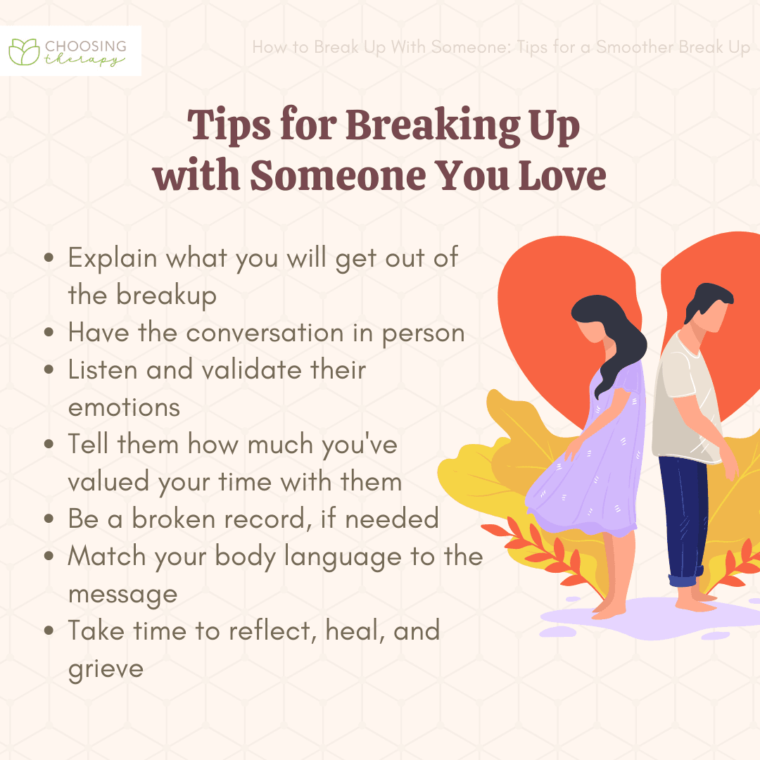 A list titled 'tips for breaking up with someone you love' with seven bullet points, including advice like 'explain what you will get out of the breakup' and 'have the conversation in person. '