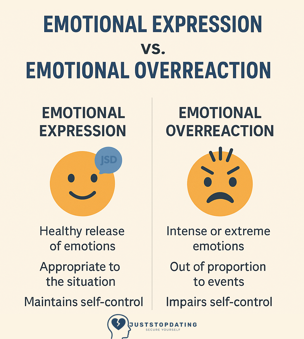 Image depiction of What It Means When Someone Says You’re “Too Much” Infographic comparing emotional expression and emotional overreaction, with guidance on recognizing when feelings may be "too much. "