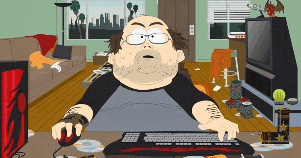 Animated image of a disheveled man at a computer, in a messy room, symbolizing someone who is still single.