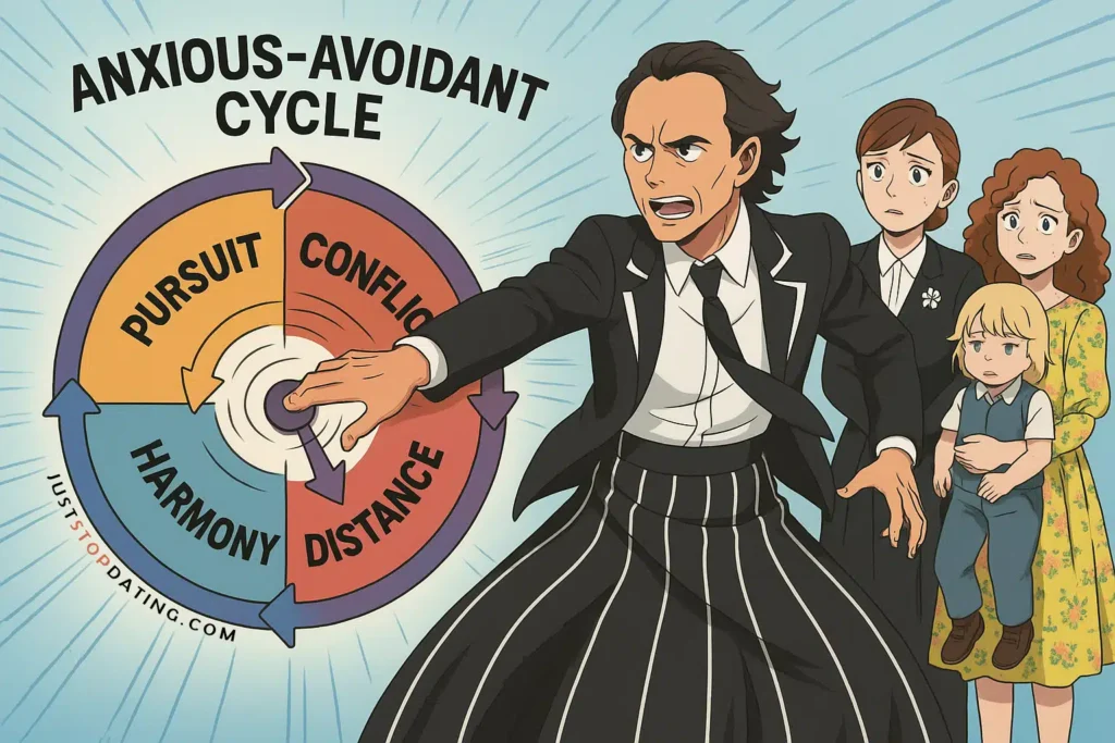 Image depiction of Walton Goggins Is Every Avoidant Partner You Swore You’d Never Date Again Walton goggins, dressed in a black pinstriped skirt suit by thom browne, spins a giant wheel labeled “anxious-avoidant cycle” as aimee lou wood, valyn hall, and a young boy watch with anxious expressions.