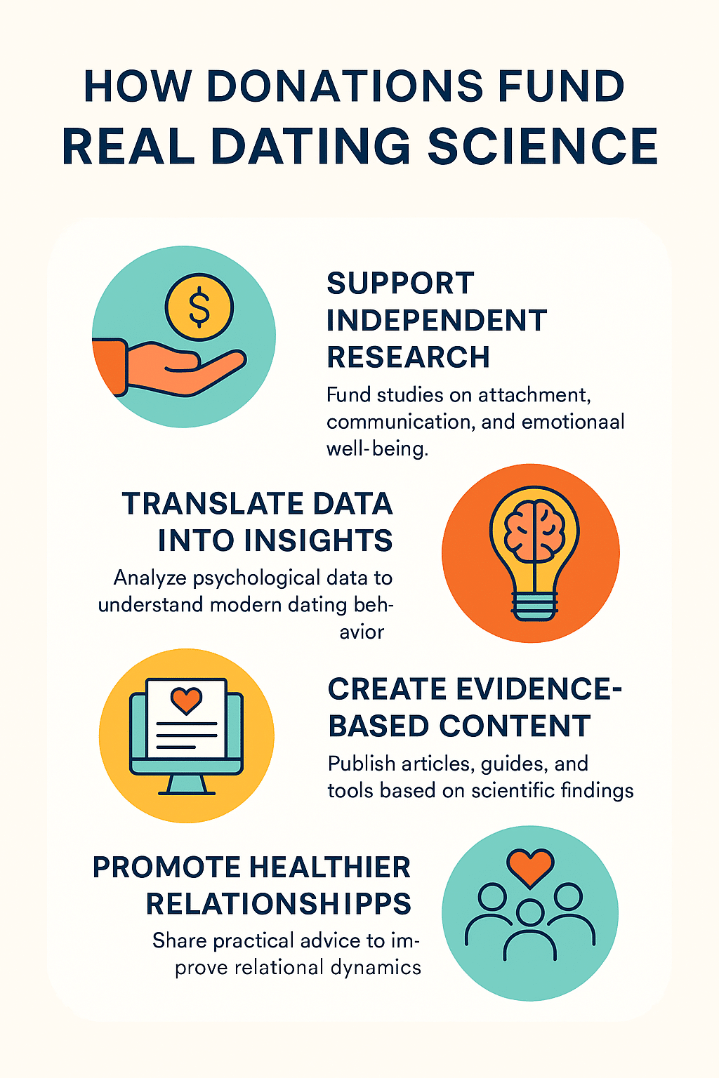 Infographic showing how donation supports independent research, content creation, and healthier relationships.
