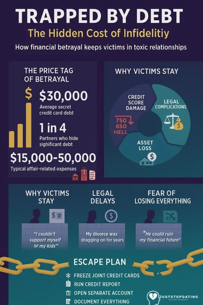 Infographic titled &ldquo;trapped by debt: the hidden cost of infidelity,&rdquo; showing how secret financial behaviors, such as hidden debts and spending on affairs, contribute to toxic relationships. Visual elements include statistics on debt, a cycle of financial traps, barriers to leaving, and a step-by-step escape plan ending in broken chains and resources for support.