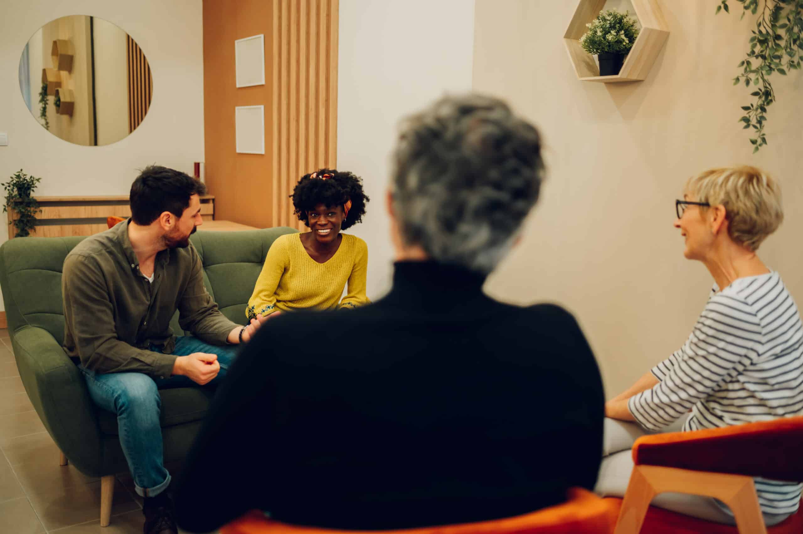 Group therapy discussion highlighting the need for community support and donation to just stop dating.