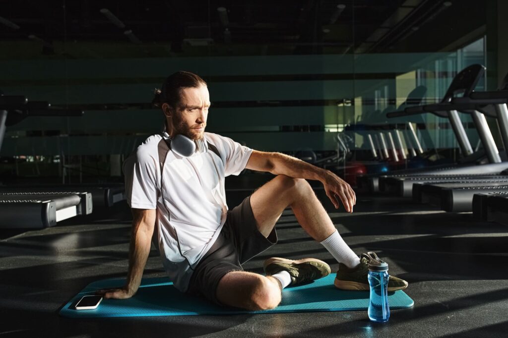 Mental Reset Guide: Tools to Clear Mental Clutter, Refocus Your Energy, and Stop Overthinking - Rhythmic reset: man zenning out on mat with headphones