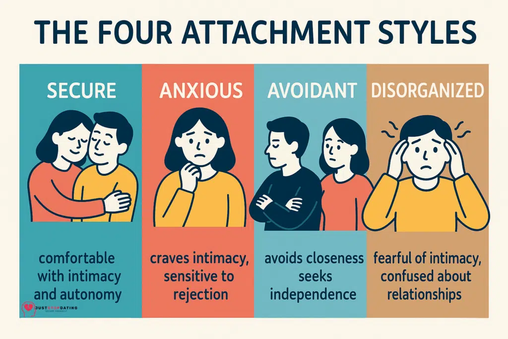 Illustration of the four attachment styles: secure, anxious, avoidant, and disorganized, each with visual depictions and short descriptions.