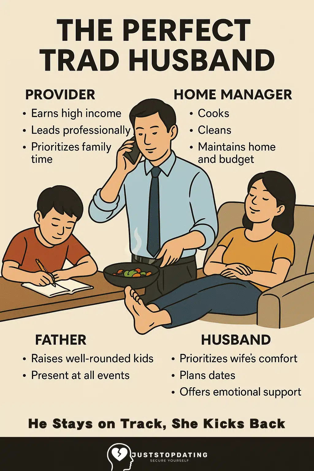 Image depiction of Top 10 Rules Men Must Know Before Becoming a Trad Husband Illustration of a trad husband multitasking cooking at the stove, helping a child with homework, talking on the phone while giving a foot massage to his relaxed wife on the couch. Caption reads: “he stays on track, she kicks back. ”