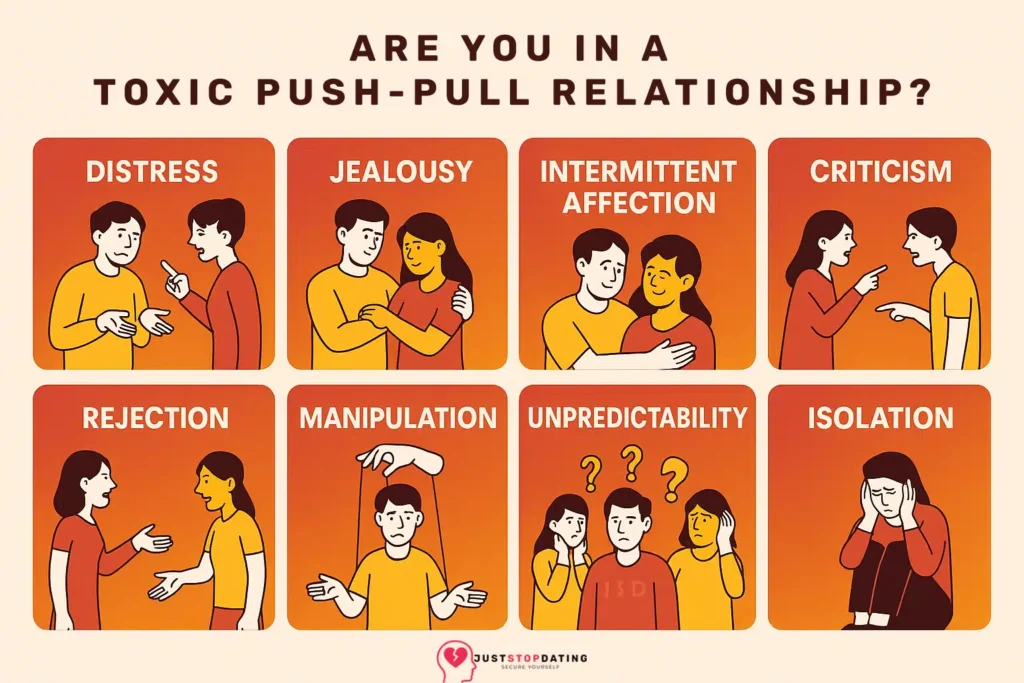 Image depiction of Toxic Push-Pull Relationships are the Hardest to Quit This infographic from just stop dating illustrates eight emotional and behavioral signs that someone may be trapped in a toxic push-pull relationship. With bold illustrations and accessible language, it highlights patterns such as intermittent affection, jealousy, manipulation, and emotional isolation. Each are common markers of relational instability and attachment distress. Understanding push-pull relationships is key to recognizing cycles of hope, withdrawal, and confusion that leave individuals stuck in unhealthy dynamics.