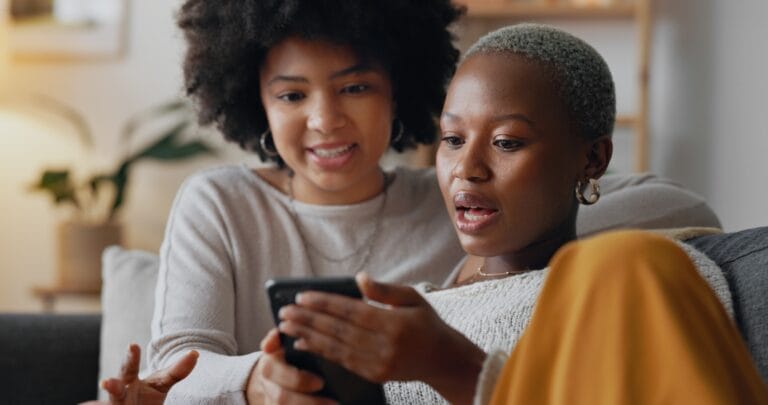 Women, laugh and phone search on dating app profile, internet movie streaming and social media in h