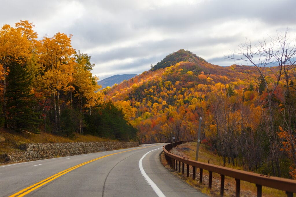 Winding Road Through Autumn Trees with Fall Colors in New England